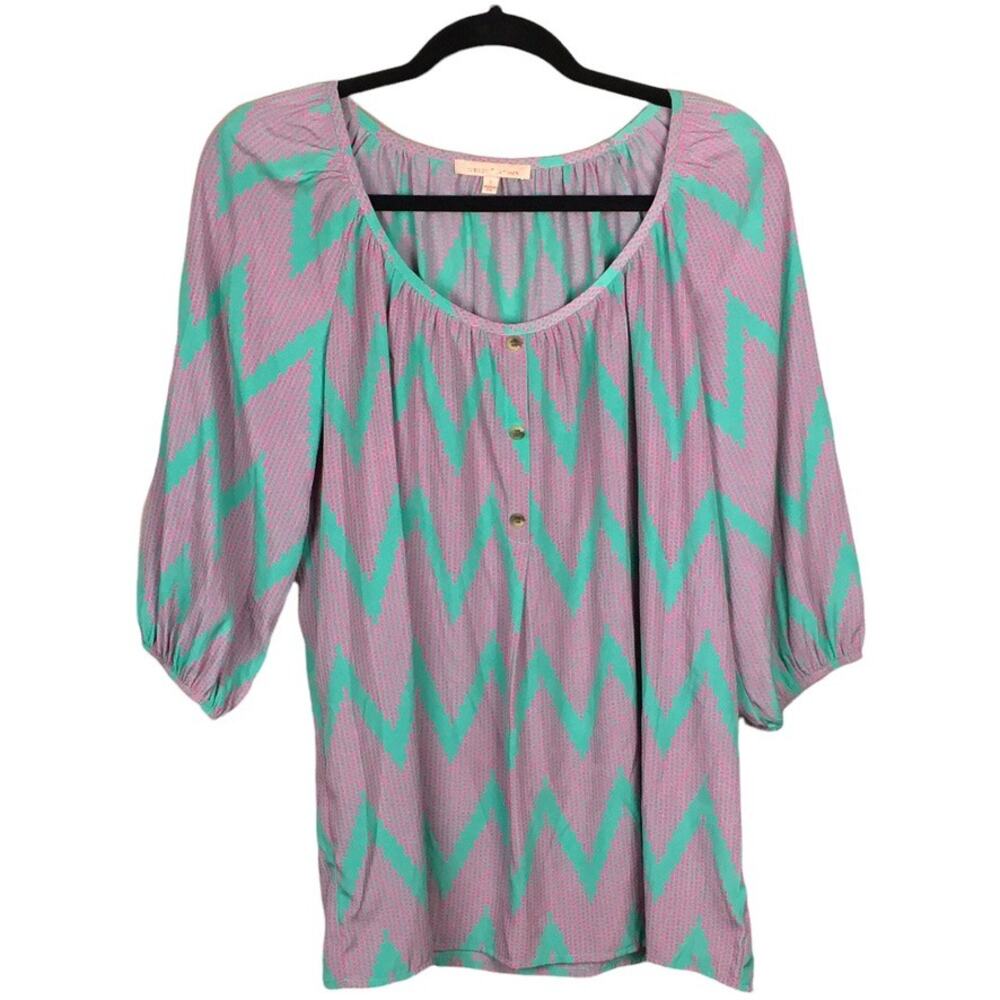Gibson Latimer Blouse Pink‎ Green Chevron Polka Dot Print Women's S Casual Shirt